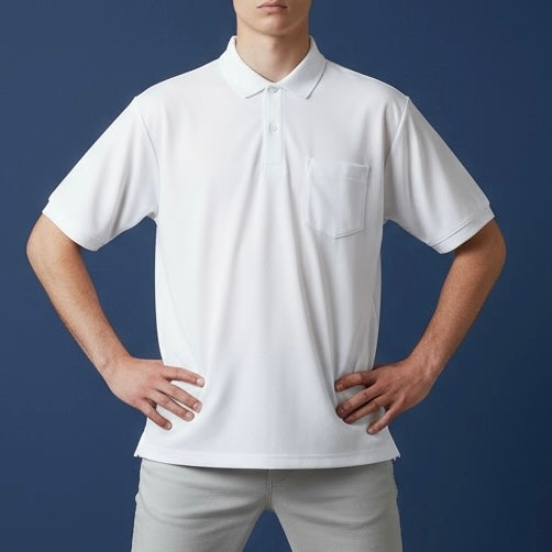無地ドライボタンダウンポロシャツ吸汗速乾　ポケ有りタイプ